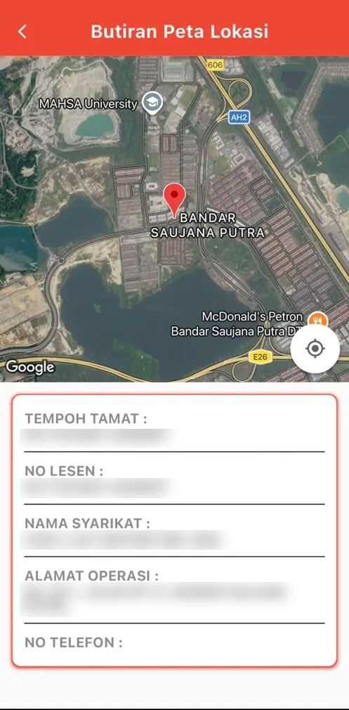 Skrin butiran lesen i-KrediKom dengan medan tempoh tamat, nombor lesen, nama syarikat, alamat operasi dan nombor telefon