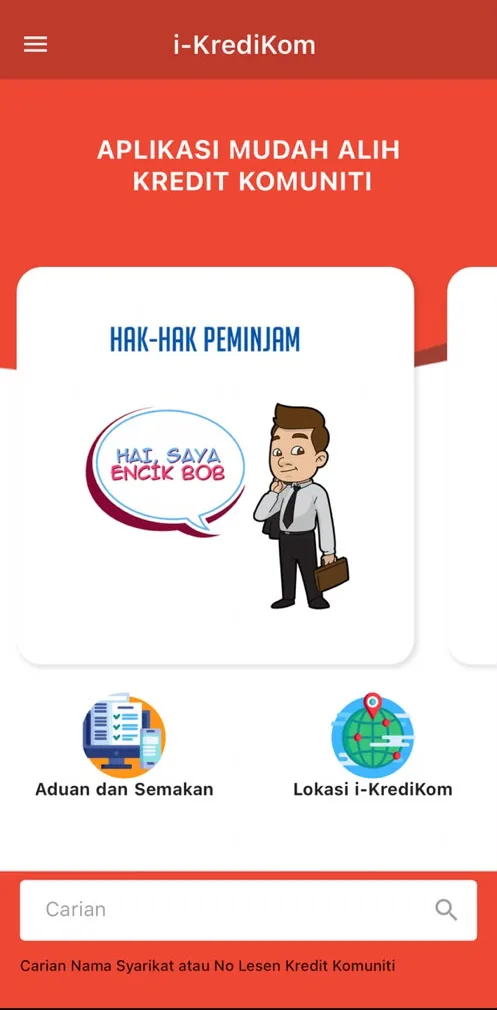 Skrin utama aplikasi i-KrediKom dengan kotak Carian untuk nama syarikat atau nombor lesen