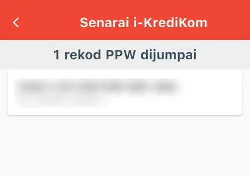 Senarai keputusan carian i-KrediKom menunjukkan satu rekod dijumpai